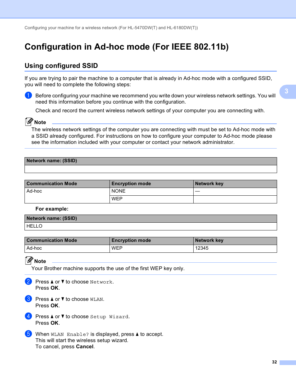 Configuration in ad-hoc mode (for ieee 802.11b), Using configured ssid, Configuration in ad-hoc mode (for ieee | Brother HL 5450DN User Manual | Page 38 / 120