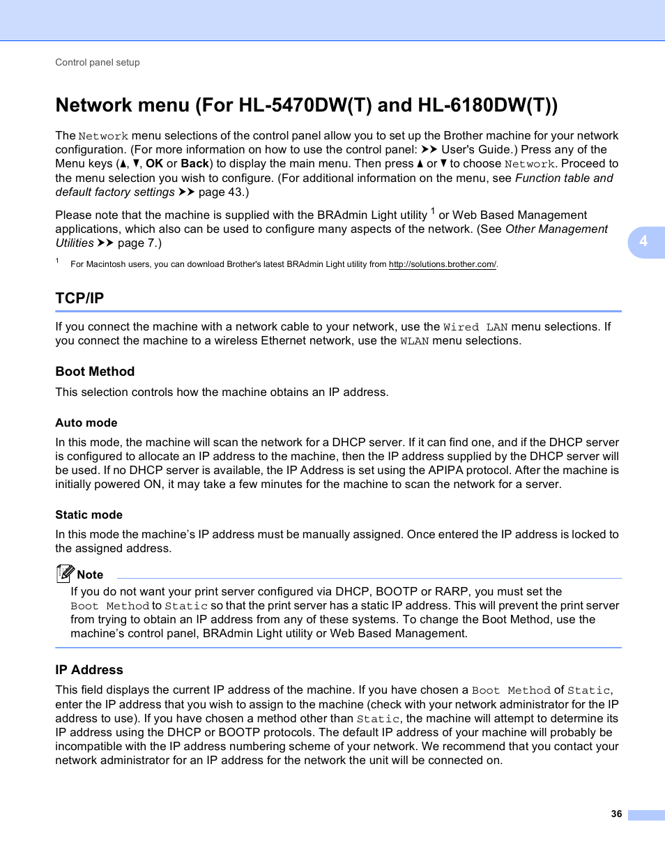 Network menu (for hl-5470dw(t) and hl-6180dw(t)), Tcp/ip, Boot method | Ip address | Brother HL 5450DN User Manual | Page 42 / 120