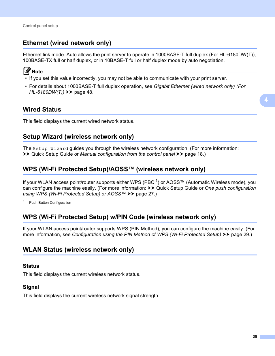 Ethernet (wired network only), Wired status, Setup wizard (wireless network only) | Wlan status (wireless network only), Status, Signal, 4ethernet (wired network only) | Brother HL 5450DN User Manual | Page 44 / 120