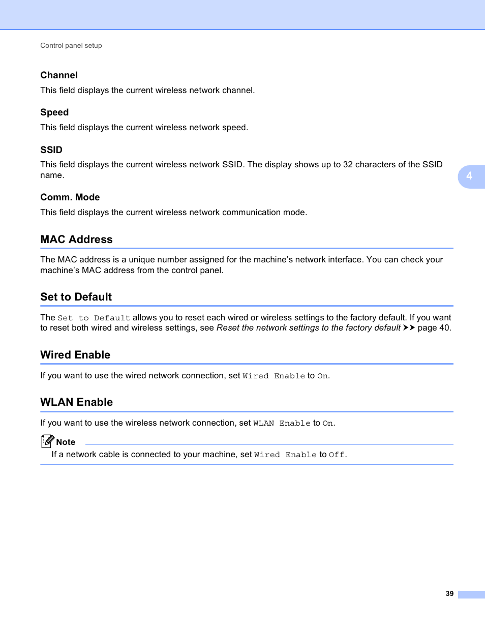 Channel, Speed, Ssid | Comm. mode, Mac address, Set to default, Wired enable, Wlan enable | Brother HL 5450DN User Manual | Page 45 / 120