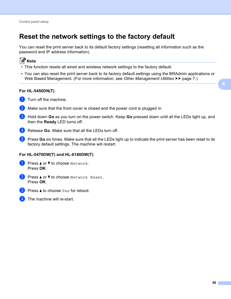 Reset the network settings to the factory default | Brother HL 5450DN User Manual | Page 46 / 120