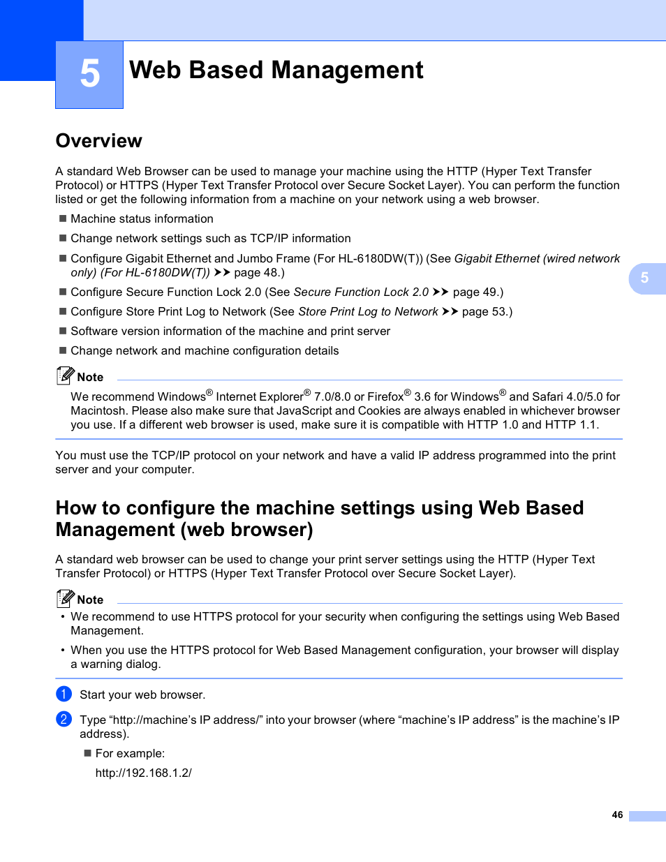 5 web based management, Overview, Web based management | Brother HL 5450DN User Manual | Page 52 / 120