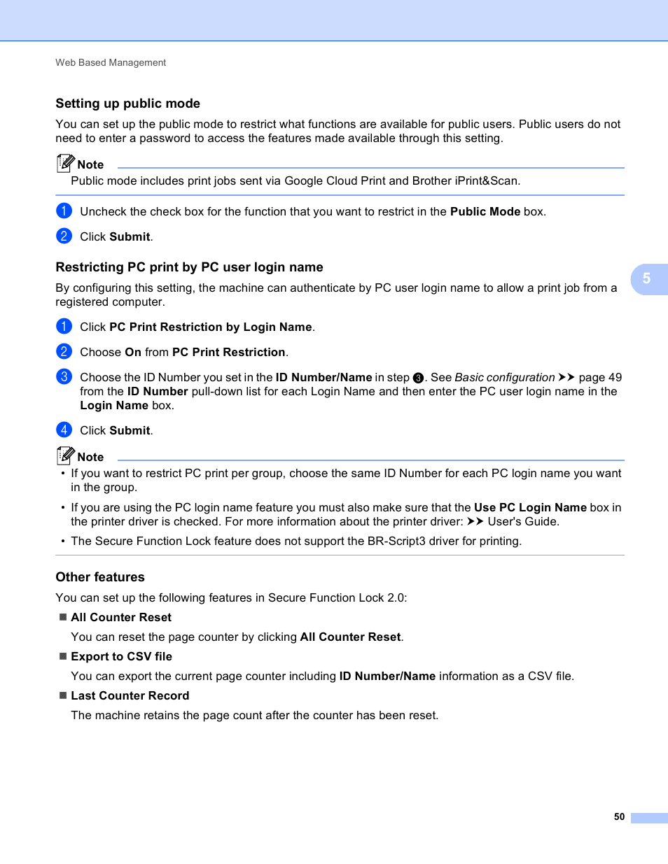 Setting up public mode, Restricting pc print by pc user login name, Other features | Brother HL 5450DN User Manual | Page 56 / 120