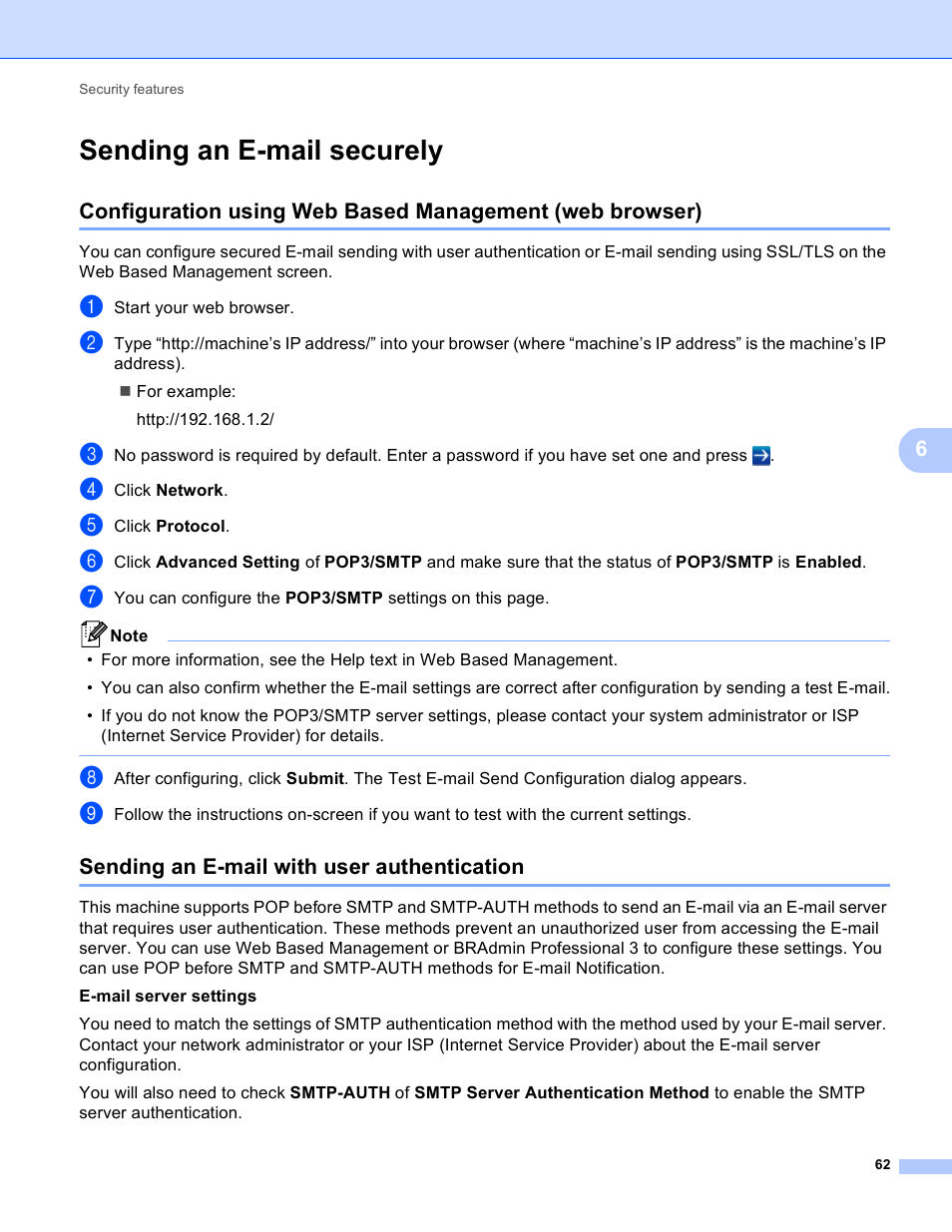 Sending an e-mail securely, Sending an e-mail with user authentication | Brother HL 5450DN User Manual | Page 68 / 120