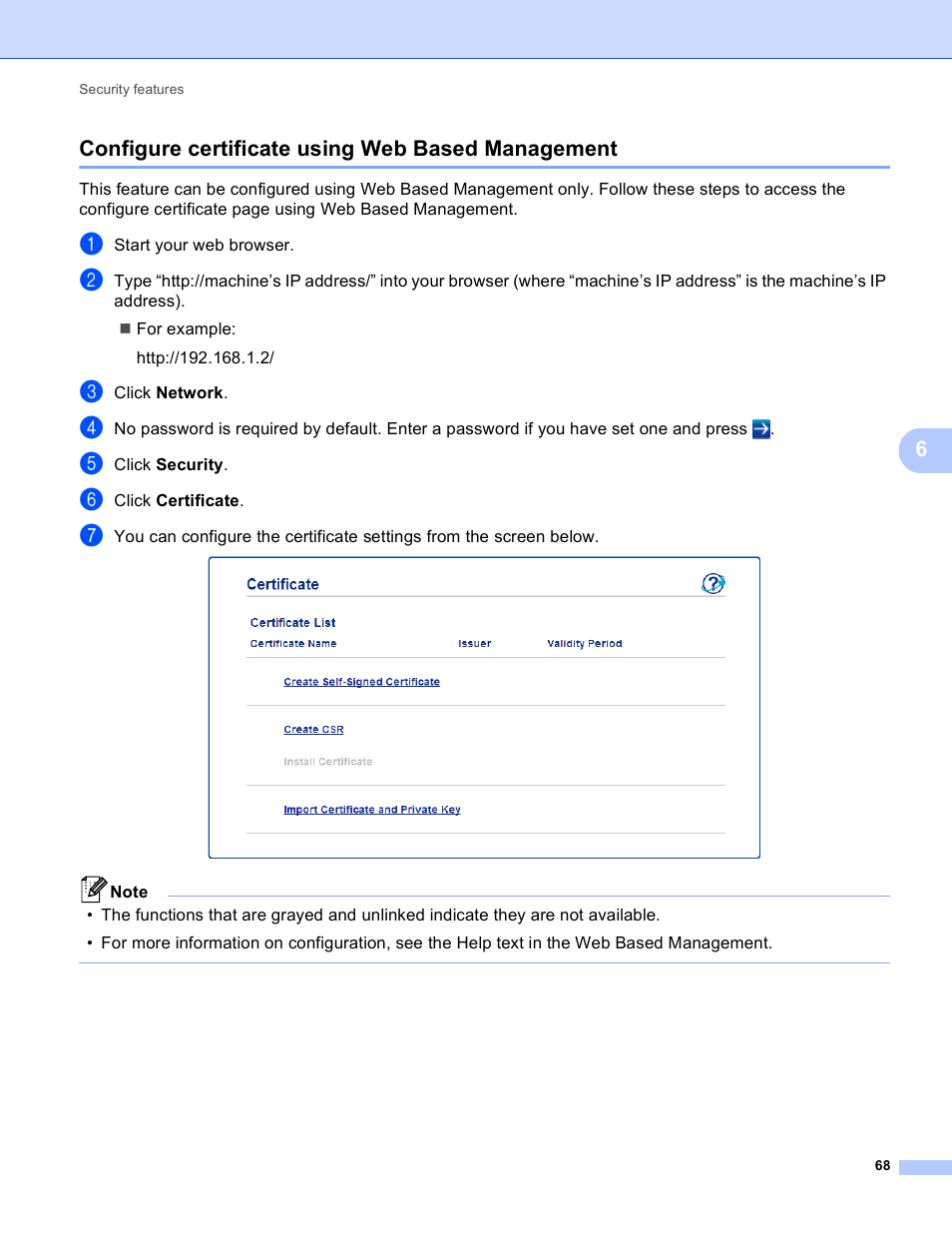 Configure certificate using web based management, 6configure certificate using web based management | Brother HL 5450DN User Manual | Page 74 / 120