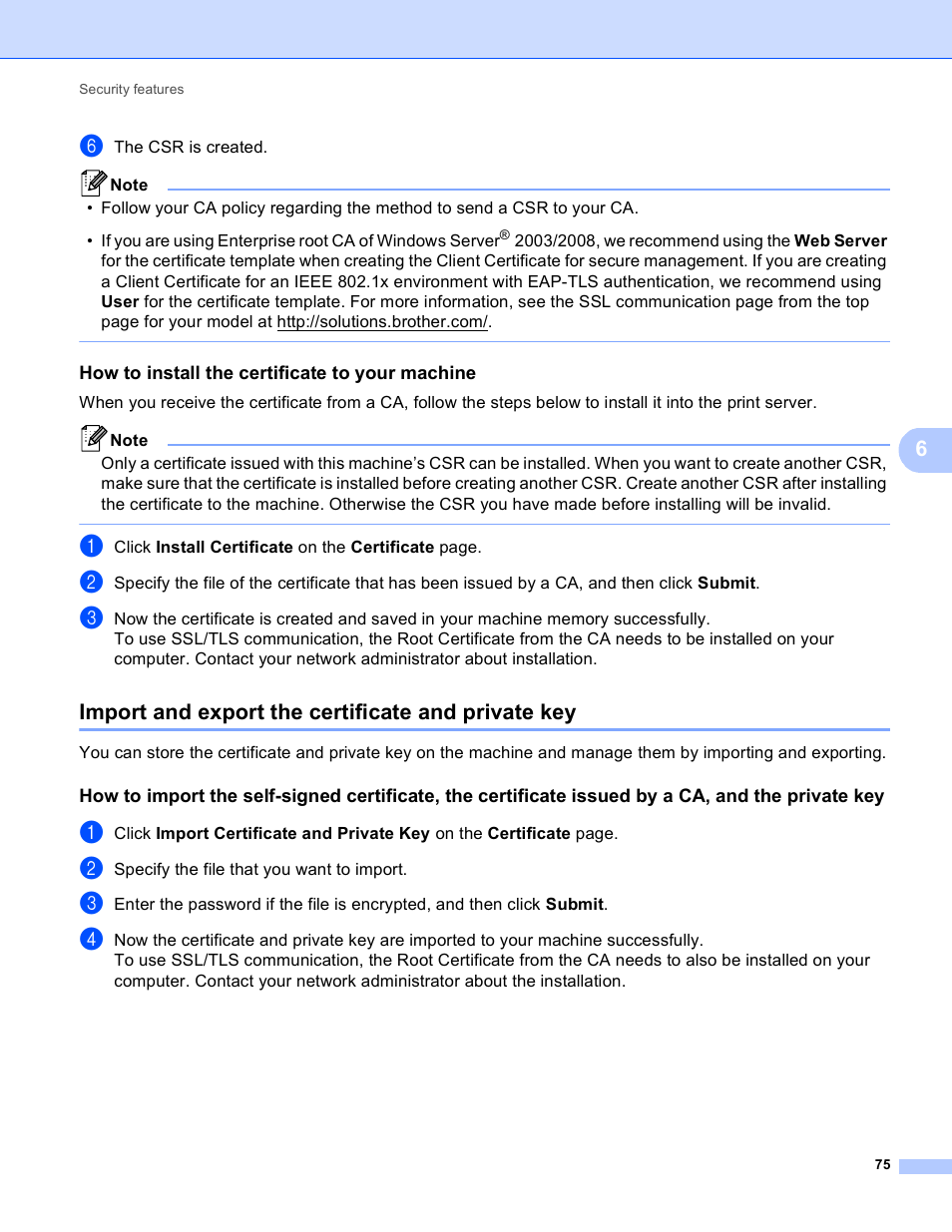 How to install the certificate to your machine, Import and export the certificate and private key | Brother HL 5450DN User Manual | Page 81 / 120