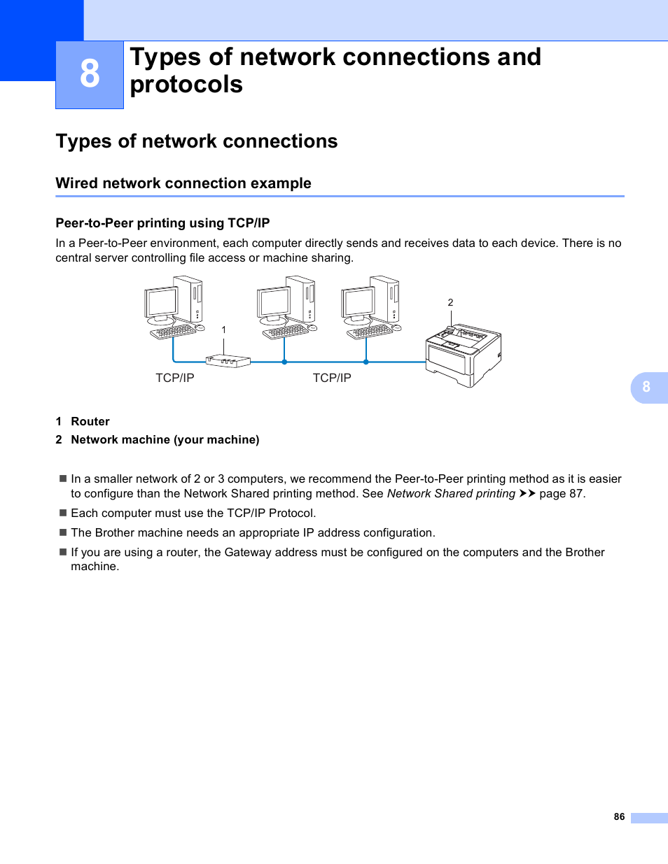 8 types of network connections and protocols, Types of network connections, Wired network connection example | Peer-to-peer printing using tcp/ip, Types of network connections and protocols | Brother HL 5450DN User Manual | Page 92 / 120