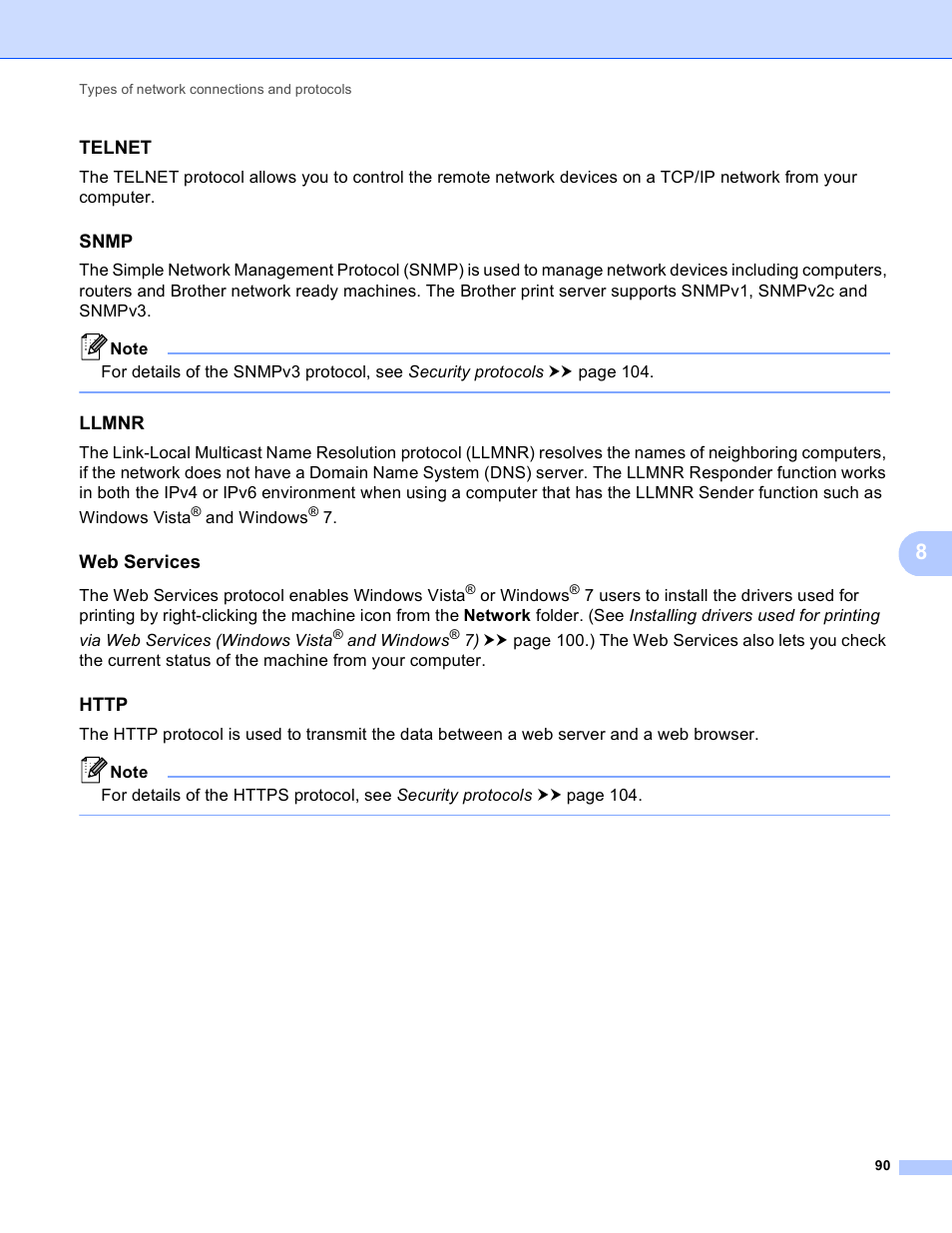 Telnet, Snmp, Llmnr | Web services, Http | Brother HL 5450DN User Manual | Page 96 / 120