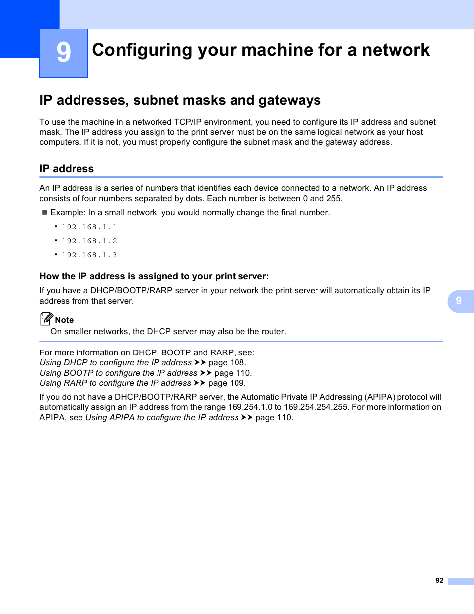 9 configuring your machine for a network, Ip addresses, subnet masks and gateways, Ip address | Configuring your machine for a network | Brother HL 5450DN User Manual | Page 98 / 120