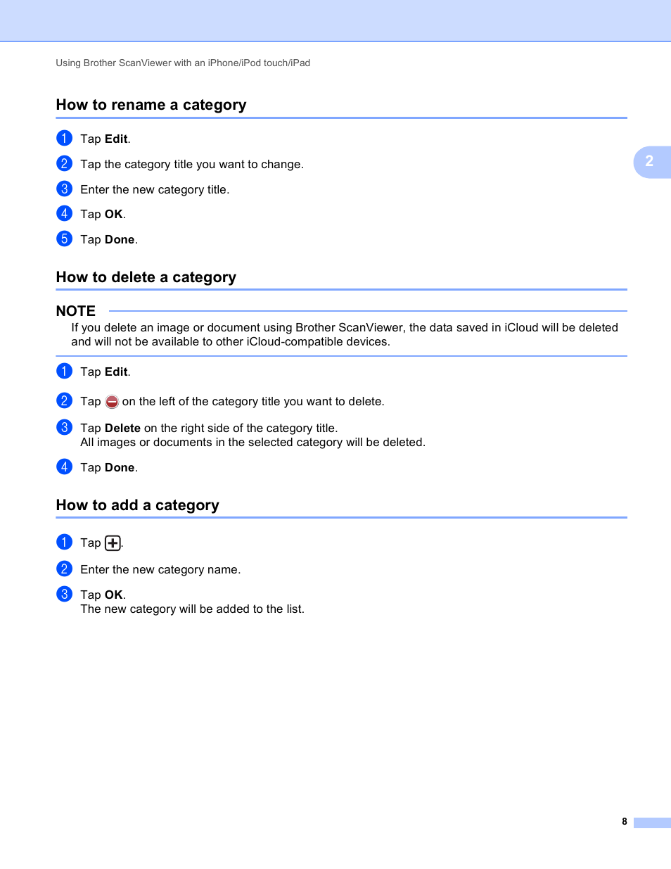 How to rename a category, How to delete a category, How to add a category | Brother ScanViewer (Guide for iOS/OS X) User Manual | Page 11 / 35