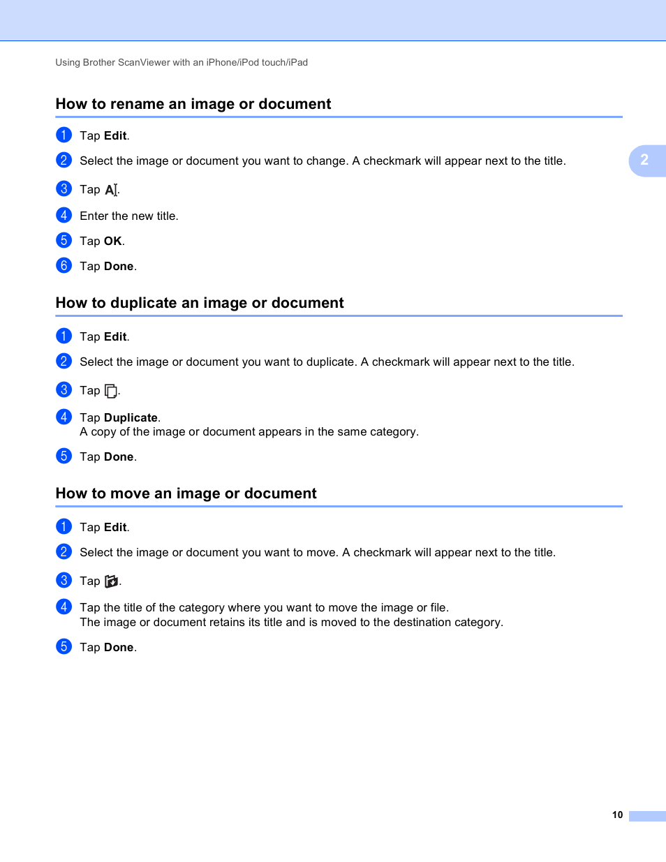 How to rename an image or document, How to duplicate an image or document, How to move an image or document | Brother ScanViewer (Guide for iOS/OS X) User Manual | Page 13 / 35