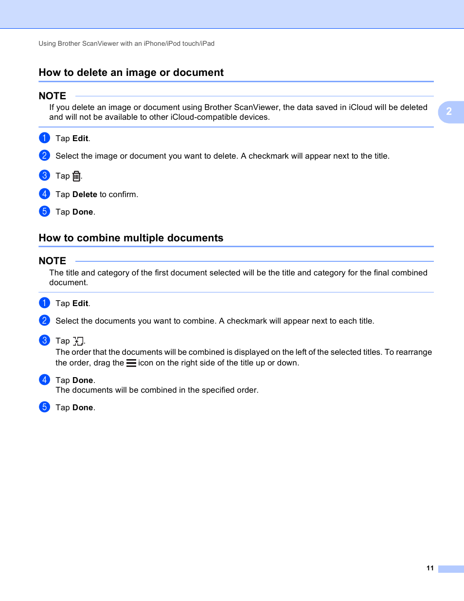 How to delete an image or document, How to combine multiple documents, 2how to delete an image or document | Brother ScanViewer (Guide for iOS/OS X) User Manual | Page 14 / 35