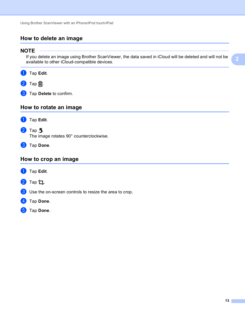 How to delete an image, How to rotate an image, How to crop an image | 2how to delete an image | Brother ScanViewer (Guide for iOS/OS X) User Manual | Page 16 / 35