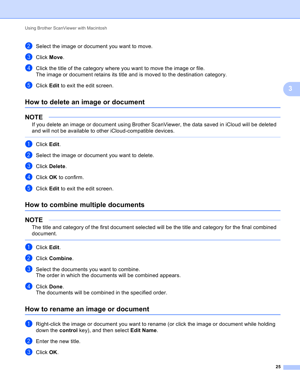 How to delete an image or document, How to combine multiple documents, How to rename an image or document | Brother ScanViewer (Guide for iOS/OS X) User Manual | Page 28 / 35