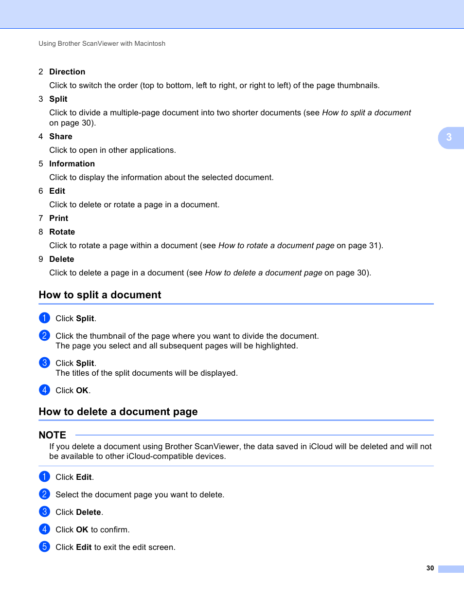 How to split a document, How to delete a document page | Brother ScanViewer (Guide for iOS/OS X) User Manual | Page 33 / 35