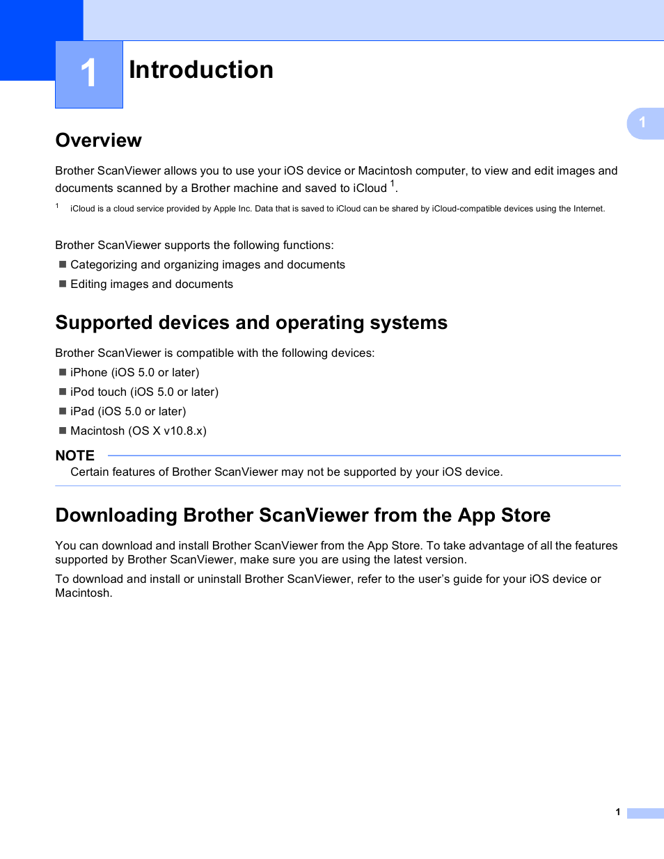 1 introduction, Overview, Supported devices and operating systems | Downloading brother scanviewer from the app store, Introduction | Brother ScanViewer (Guide for iOS/OS X) User Manual | Page 4 / 35
