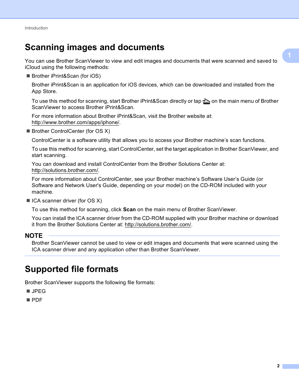 Scanning images and documents, Supported file formats | Brother ScanViewer (Guide for iOS/OS X) User Manual | Page 5 / 35