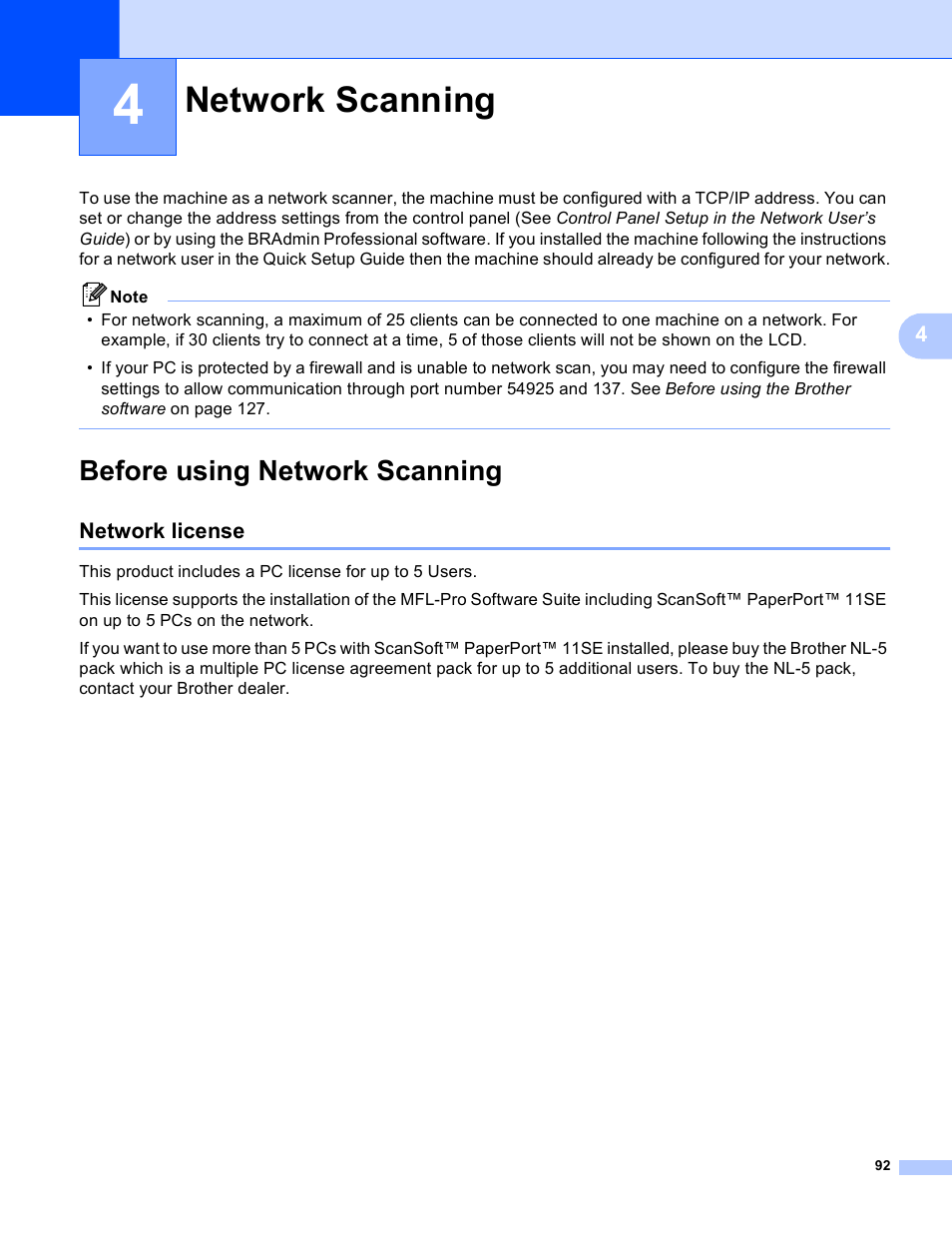 4 network scanning, Before using network scanning, Network license | Network scanning | Brother DCP 9040CN User Manual | Page 100 / 225