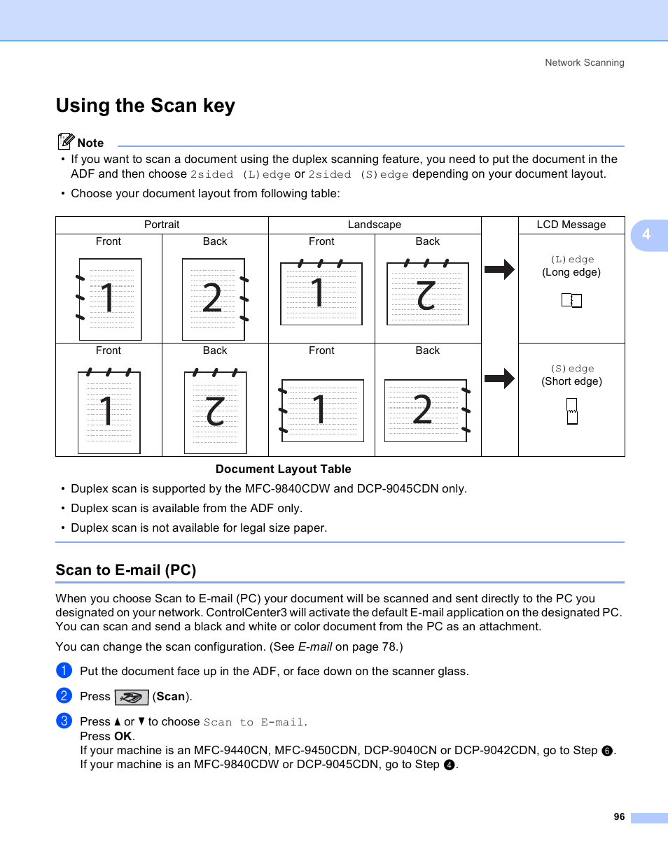 Using the scan key, Scan to e-mail (pc) | Brother DCP 9040CN User Manual | Page 104 / 225