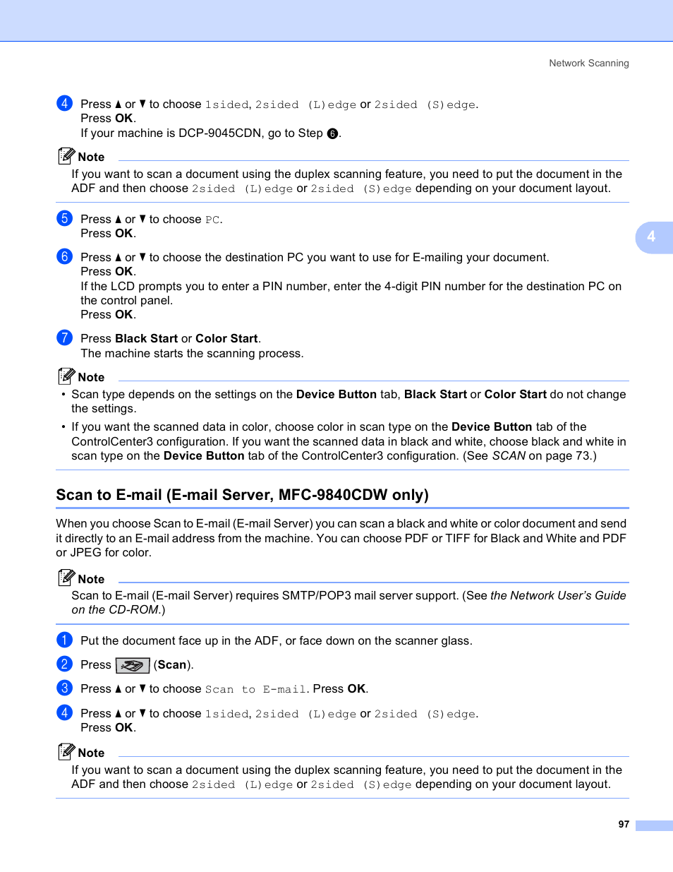 Scan to e-mail (e-mail server, mfc-9840cdw only) | Brother DCP 9040CN User Manual | Page 105 / 225