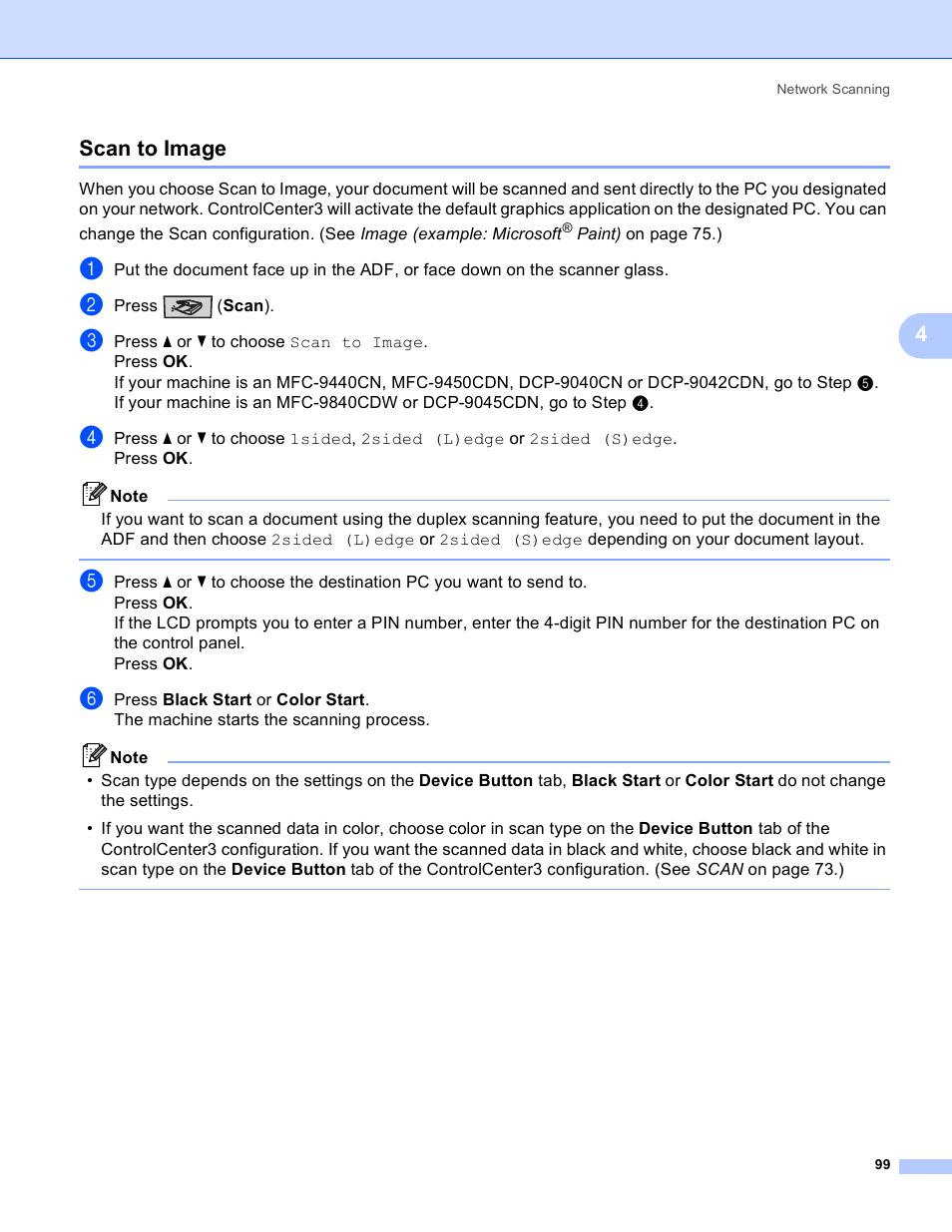 Scan to image, 4scan to image | Brother DCP 9040CN User Manual | Page 107 / 225