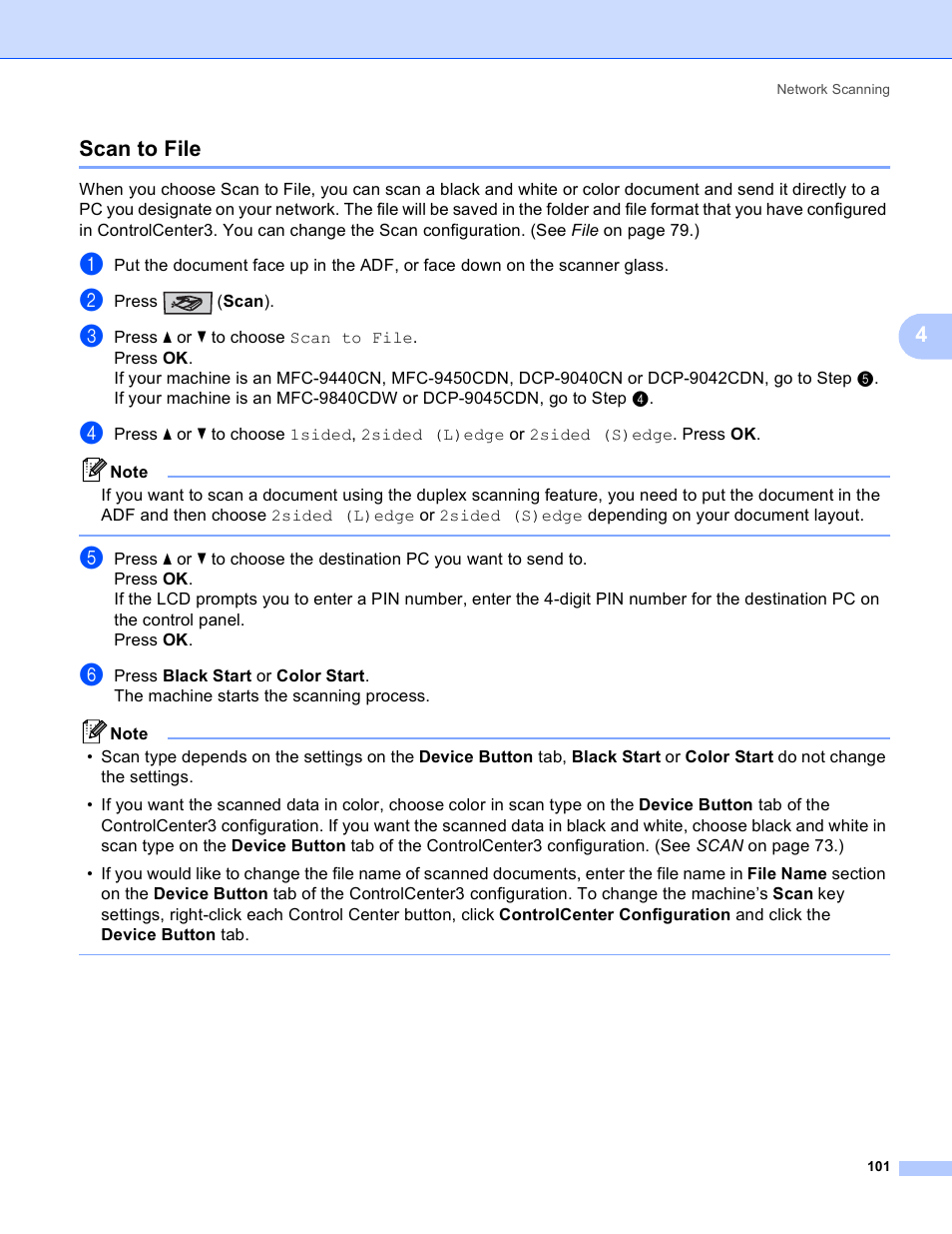 Scan to file, 4scan to file | Brother DCP 9040CN User Manual | Page 109 / 225