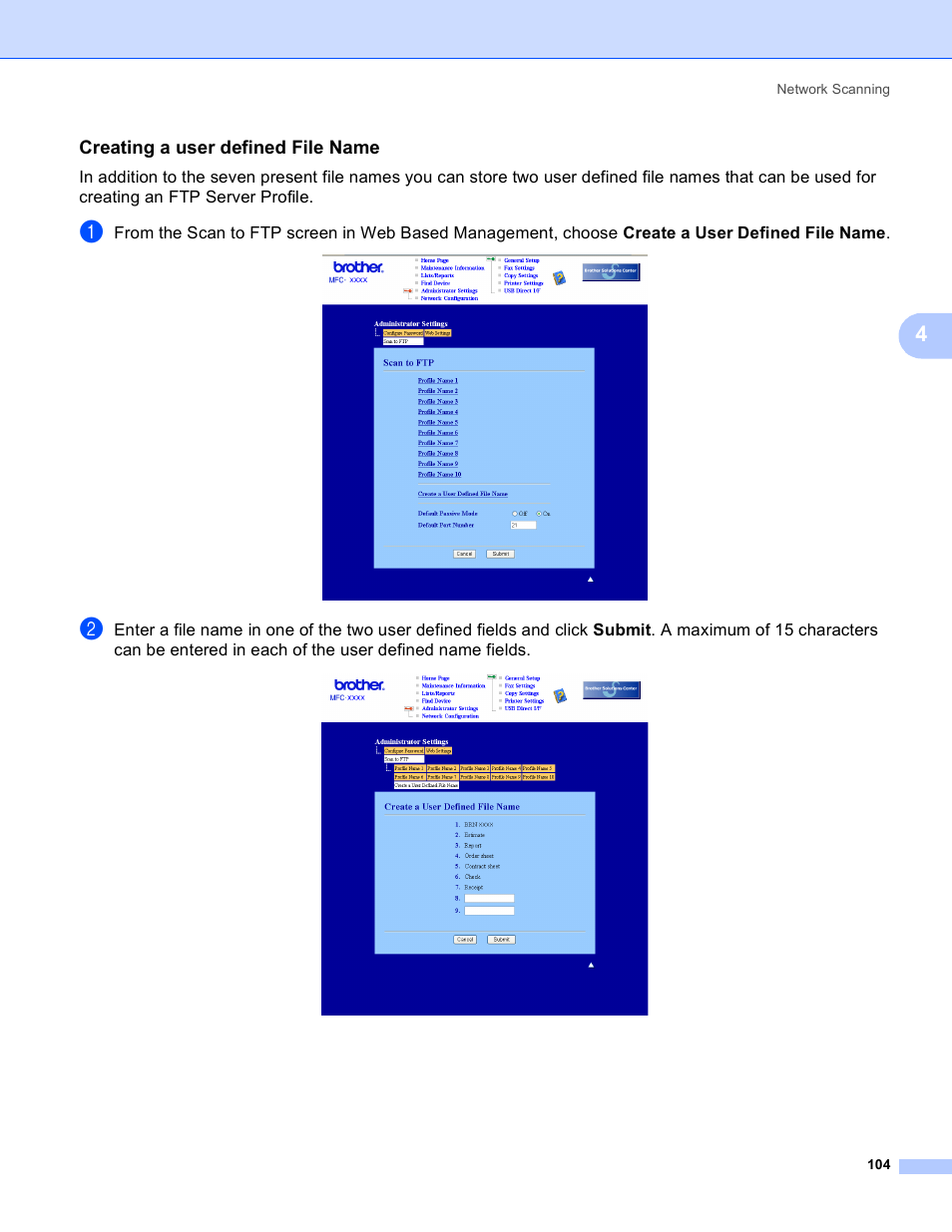 Creating a user defined file name | Brother DCP 9040CN User Manual | Page 112 / 225