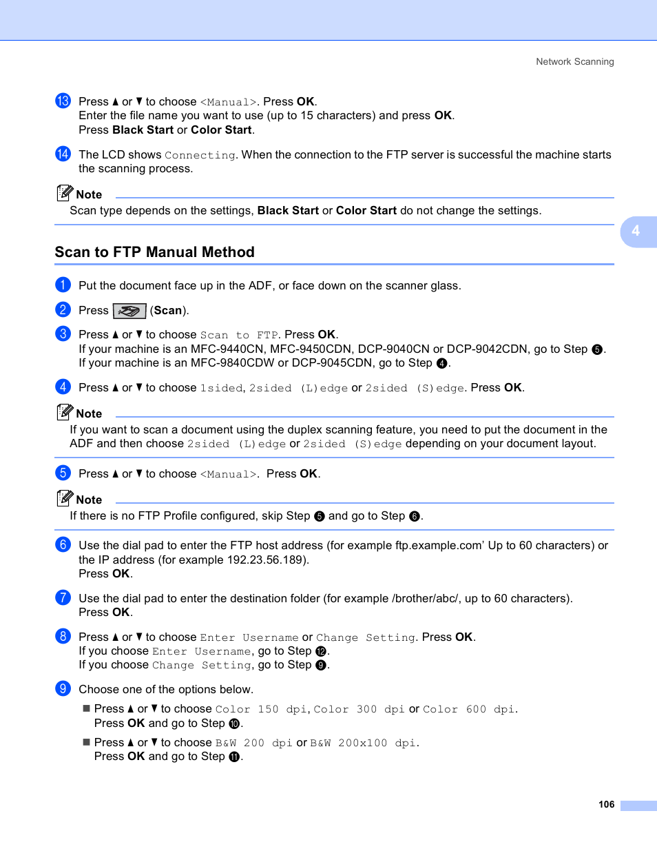 Scan to ftp manual method | Brother DCP 9040CN User Manual | Page 114 / 225