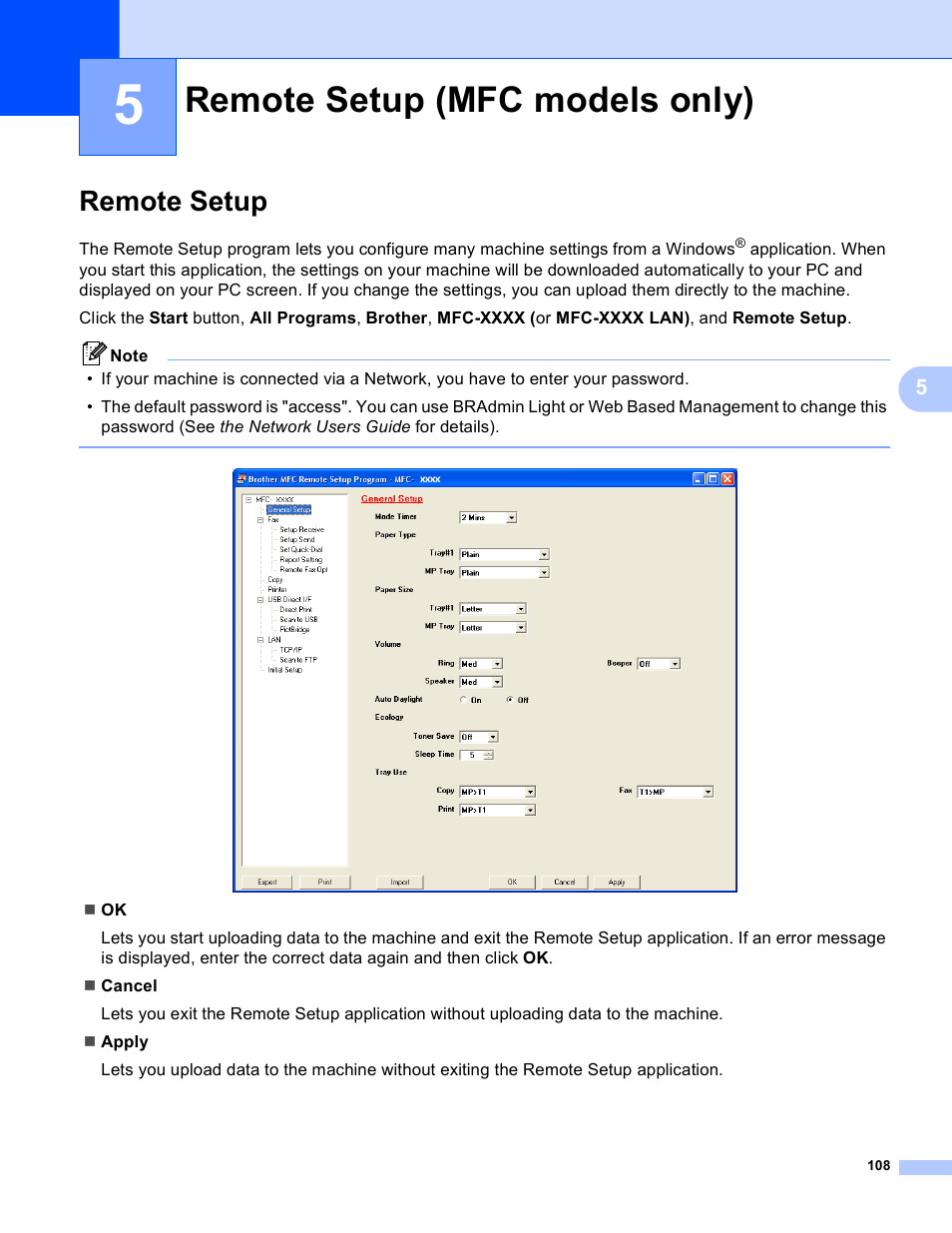 5 remote setup (mfc models only), Remote setup, Remote setup (mfc models only) | Brother DCP 9040CN User Manual | Page 116 / 225