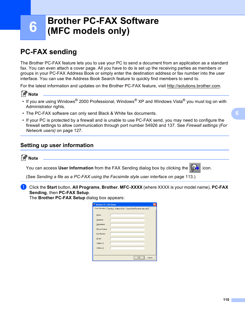 6 brother pc-fax software (mfc models only), Pc-fax sending, Setting up user information | Brother pc-fax software (mfc models only) | Brother DCP 9040CN User Manual | Page 118 / 225