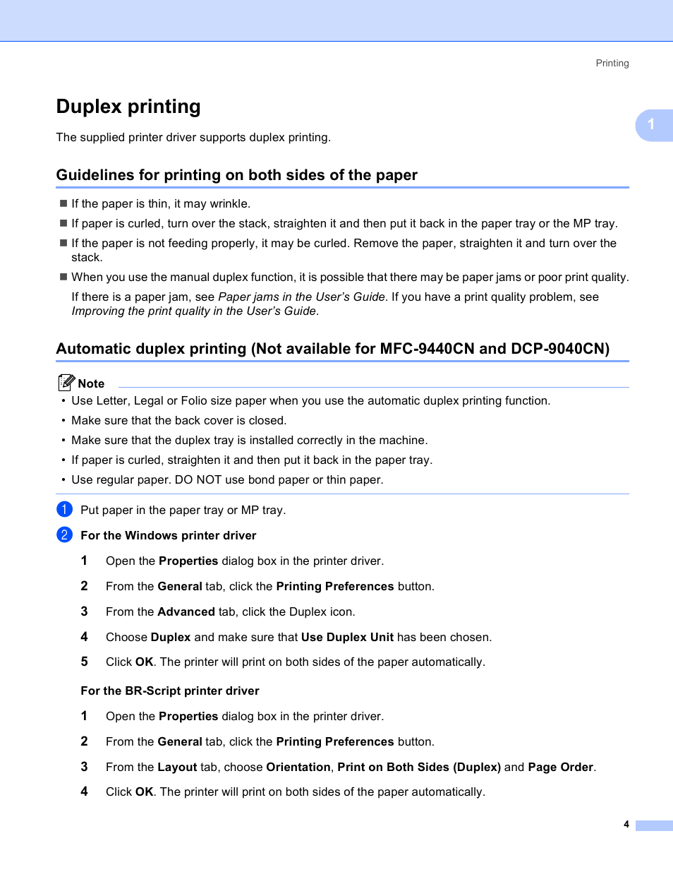 Duplex printing, Guidelines for printing on both sides of the paper | Brother DCP 9040CN User Manual | Page 12 / 225