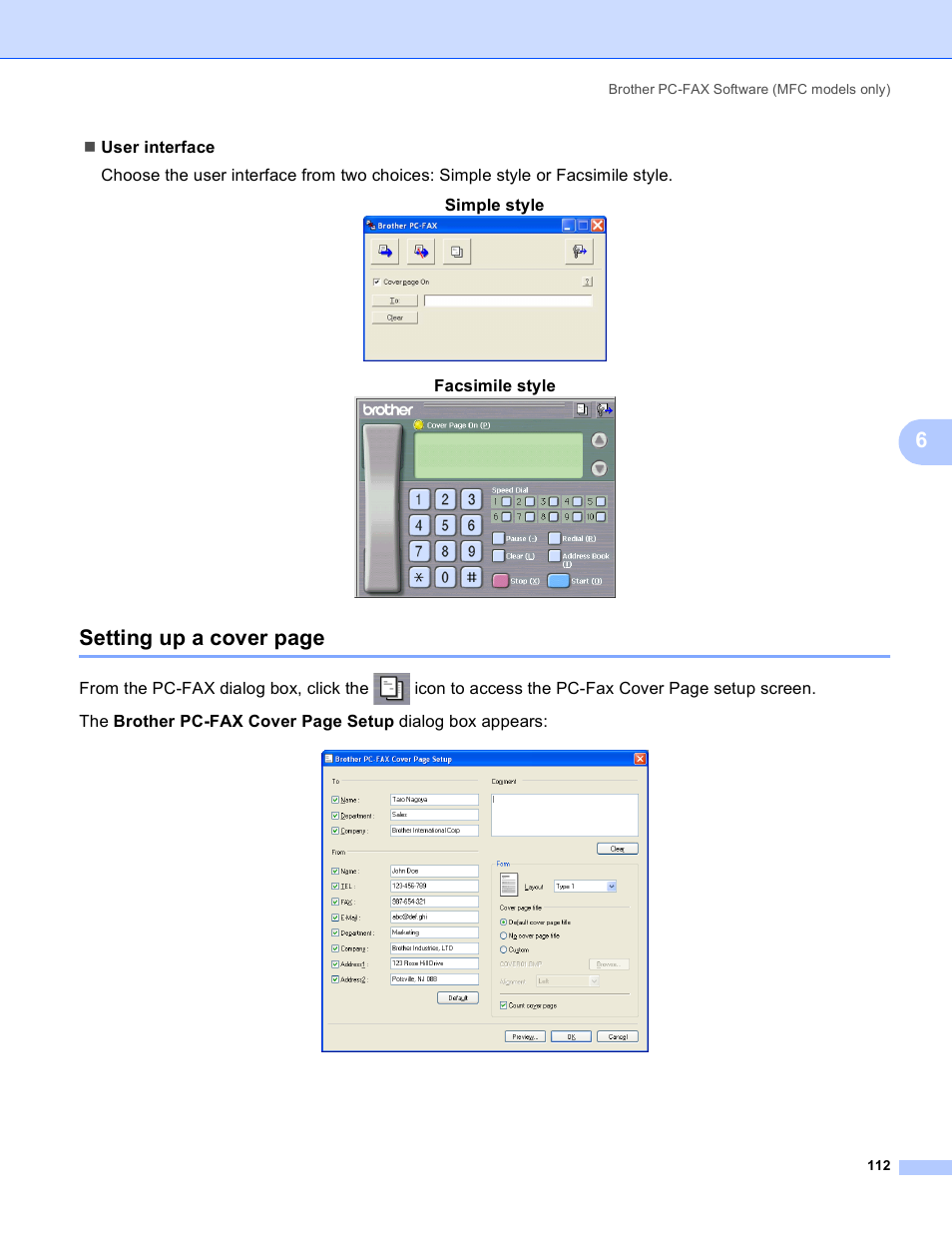 Setting up a cover page, Facsimile style | Brother DCP 9040CN User Manual | Page 120 / 225