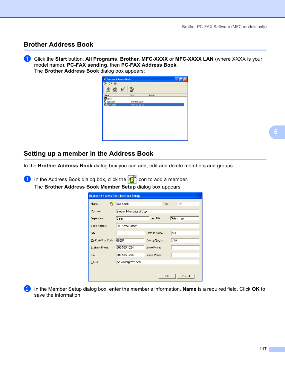Brother address book, Setting up a member in the address book, 6brother address book | Brother DCP 9040CN User Manual | Page 125 / 225