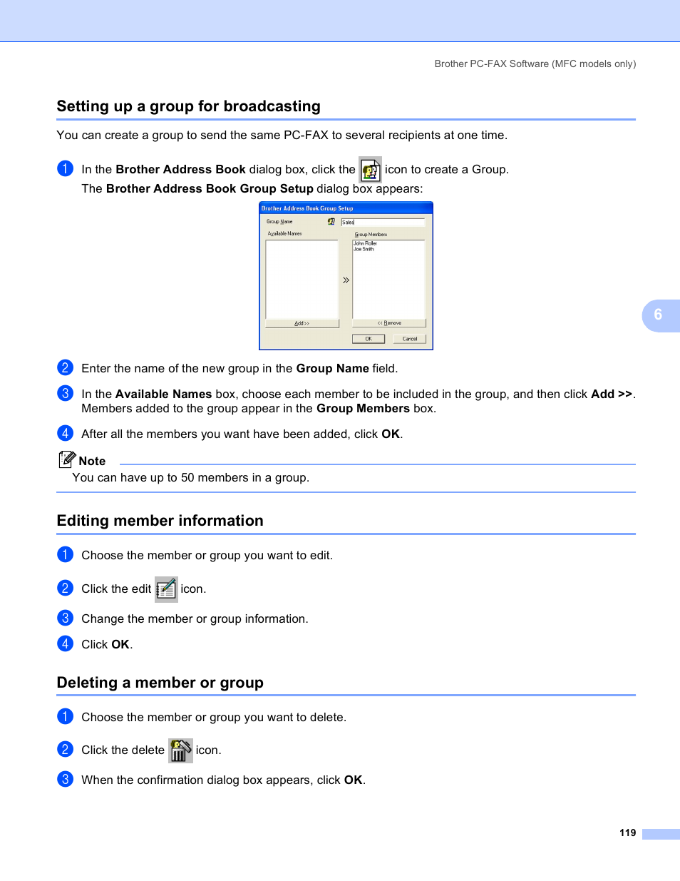 Setting up a group for broadcasting, Editing member information, Deleting a member or group | 6setting up a group for broadcasting | Brother DCP 9040CN User Manual | Page 127 / 225