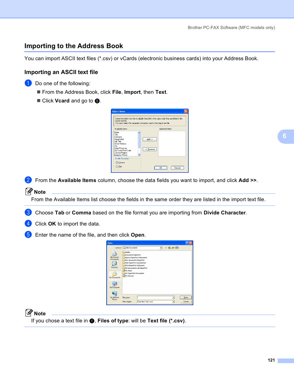 Importing to the address book, Importing an ascii text file, 6importing to the address book | Brother DCP 9040CN User Manual | Page 129 / 225
