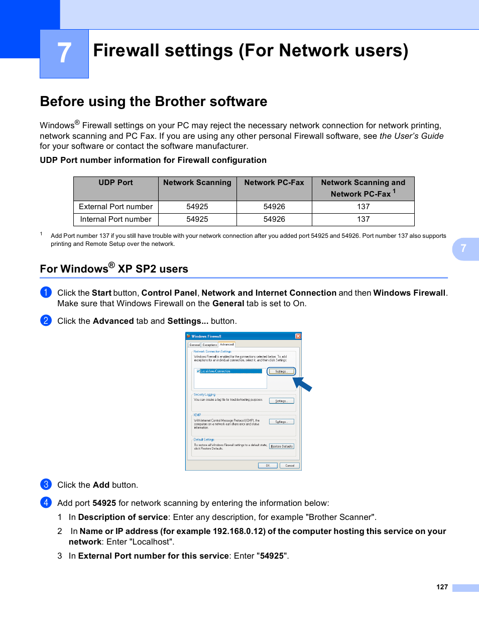 7 firewall settings (for network users), Before using the brother software, For windows® xp sp2 users | Firewall settings (for network users), For windows, Xp sp2 users | Brother DCP 9040CN User Manual | Page 135 / 225