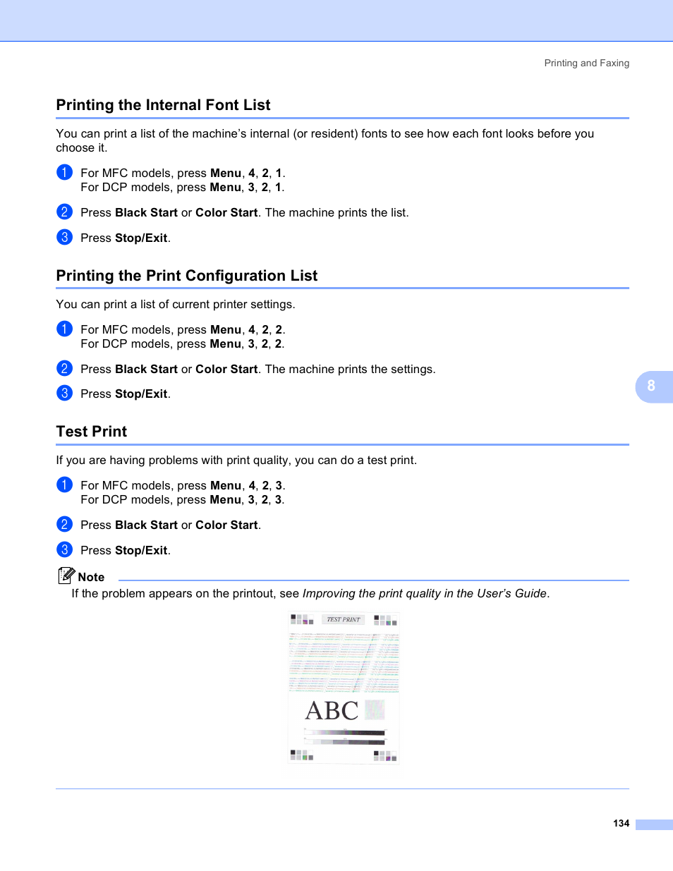 Printing the internal font list, Printing the print configuration list, Test print | 8printing the internal font list | Brother DCP 9040CN User Manual | Page 142 / 225