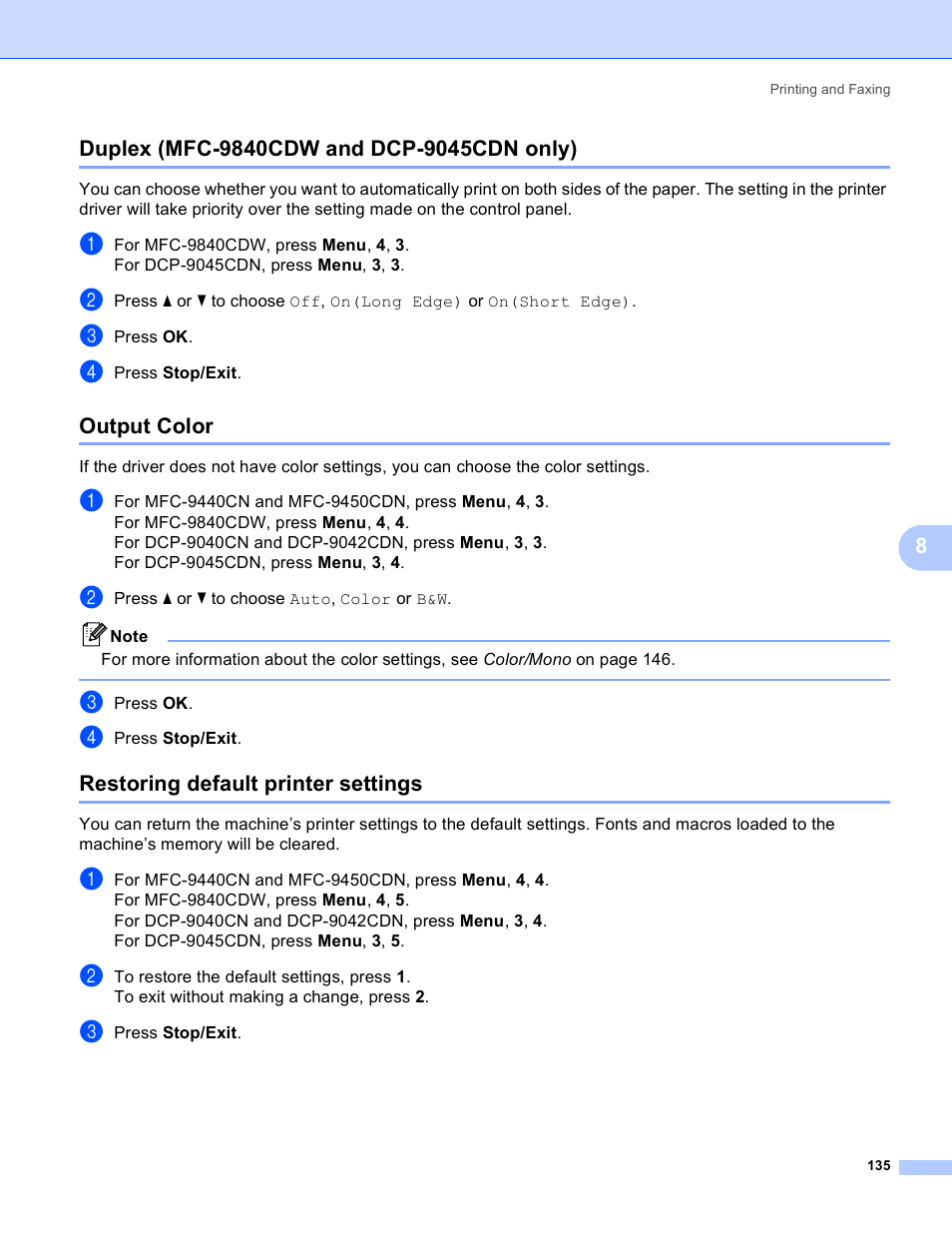 Duplex (mfc-9840cdw and dcp-9045cdn only), Output color, Restoring default printer settings | Brother DCP 9040CN User Manual | Page 143 / 225