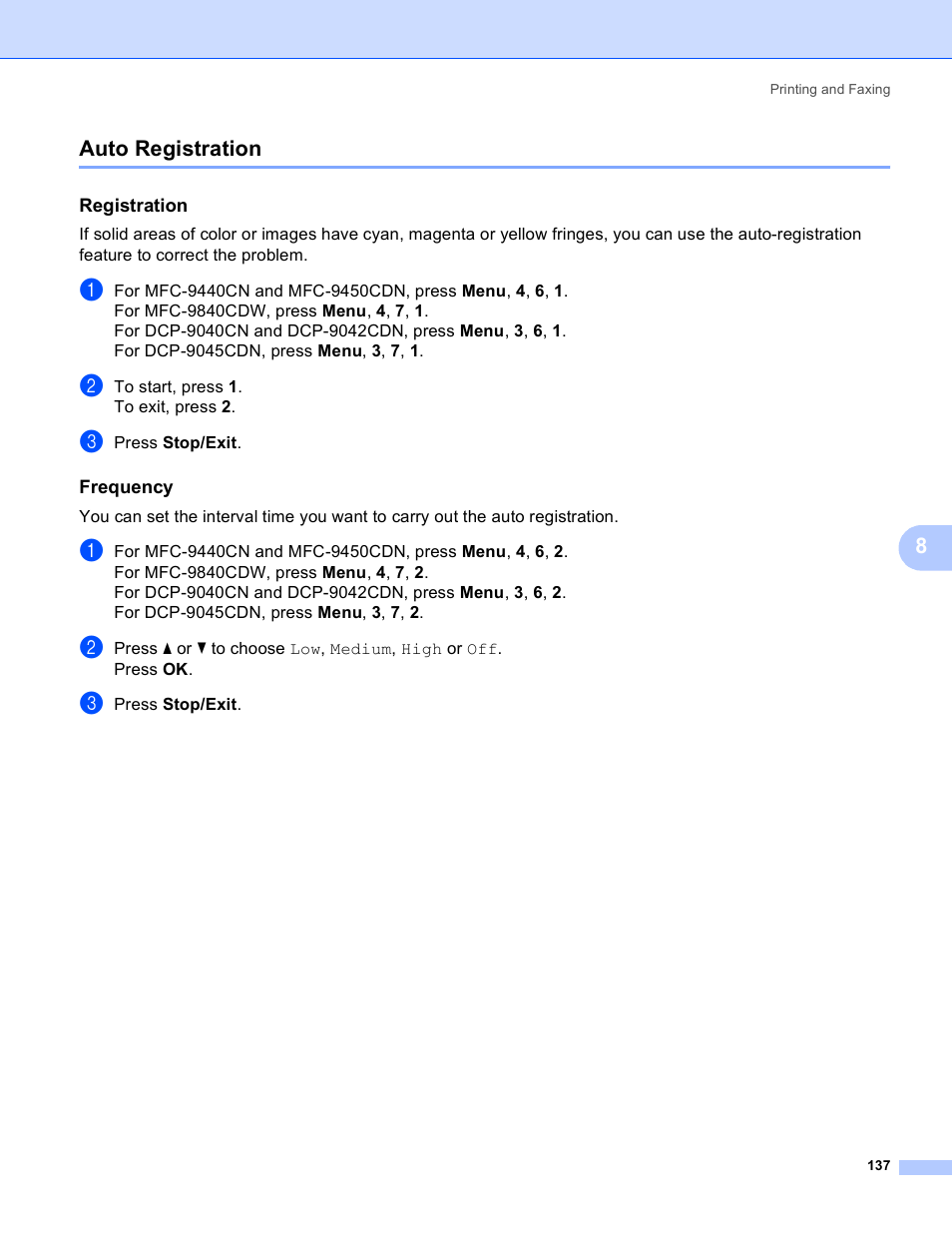 Auto registration, Registration, Frequency | 8auto registration | Brother DCP 9040CN User Manual | Page 145 / 225