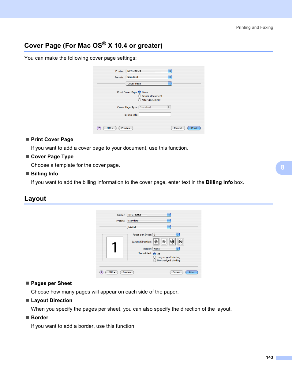 Layout, X 10.4 or greater), 8cover page (for mac os | Brother DCP 9040CN User Manual | Page 151 / 225