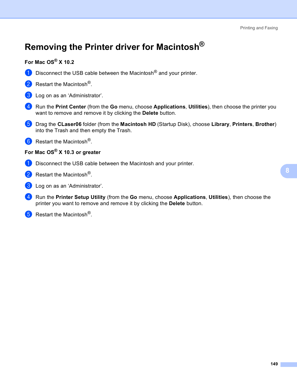 Removing the printer driver for macintosh | Brother DCP 9040CN User Manual | Page 157 / 225