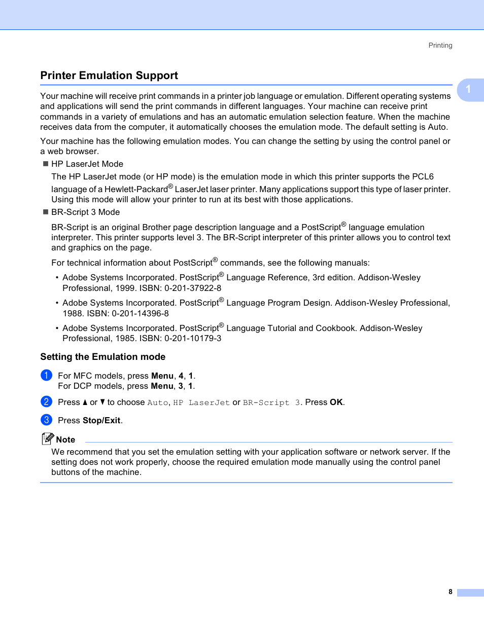 Printer emulation support, Setting the emulation mode, 1printer emulation support | Brother DCP 9040CN User Manual | Page 16 / 225