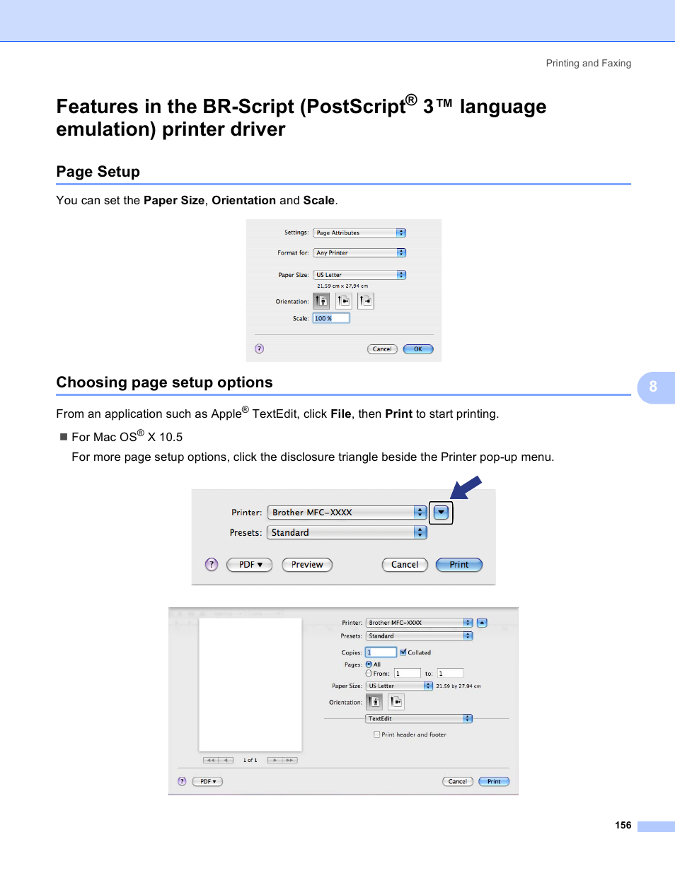 Features in the br-script (postscript, 3 ™ language emulation) printer driver, Language emulation) printer driver | Page setup, Choosing page setup options | Brother DCP 9040CN User Manual | Page 164 / 225