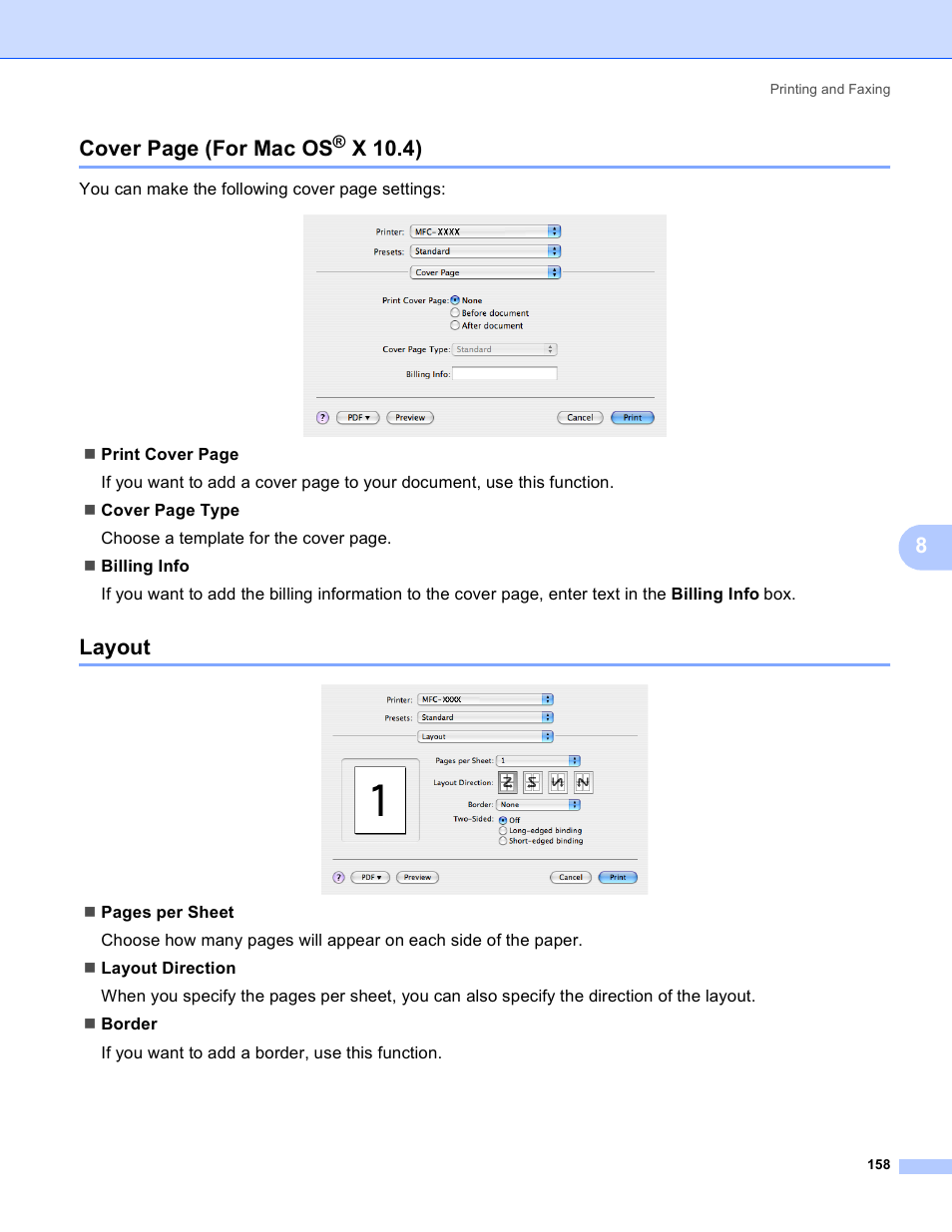 Layout, X 10.4), 8cover page (for mac os | Brother DCP 9040CN User Manual | Page 166 / 225