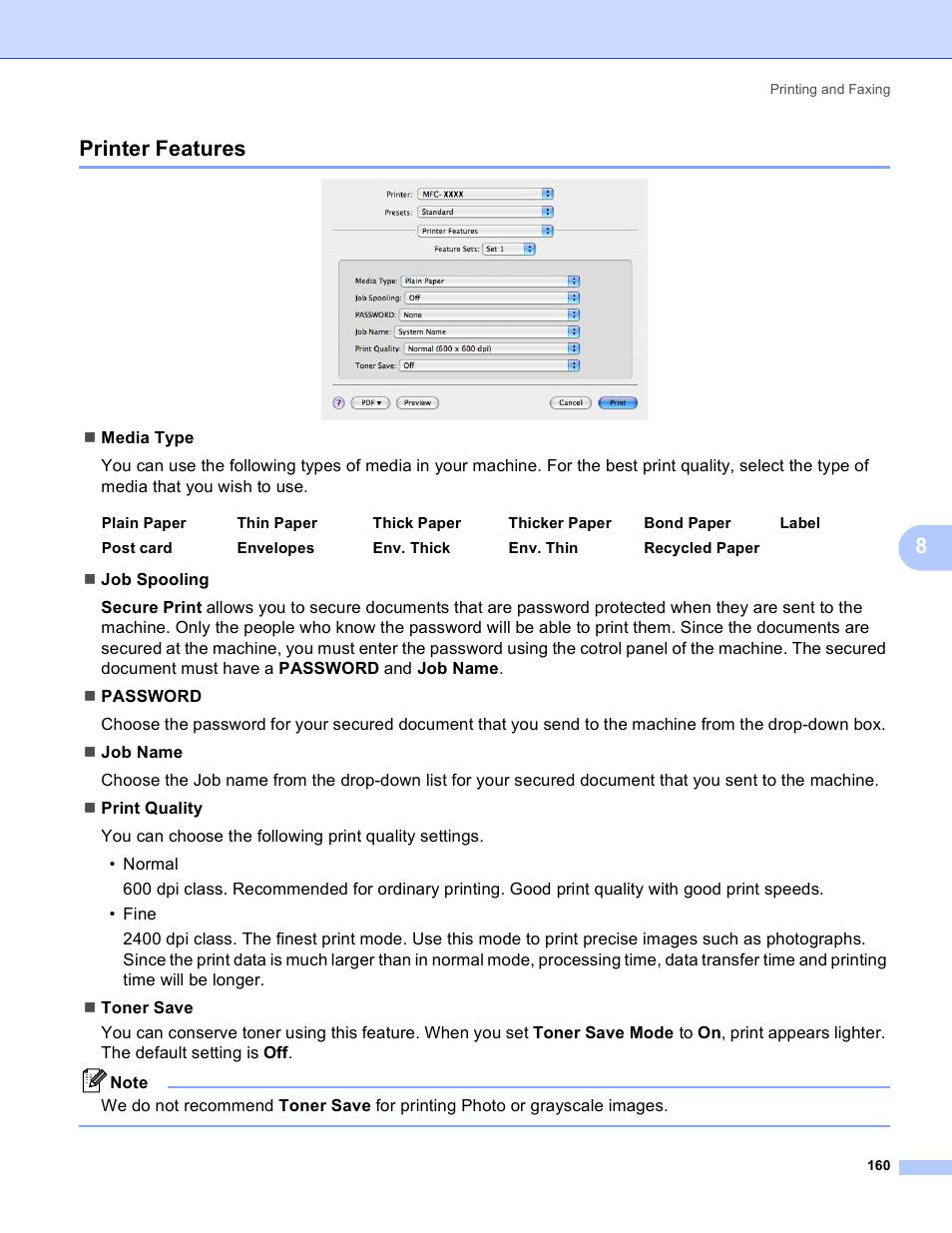 Printer features, 8printer features | Brother DCP 9040CN User Manual | Page 168 / 225