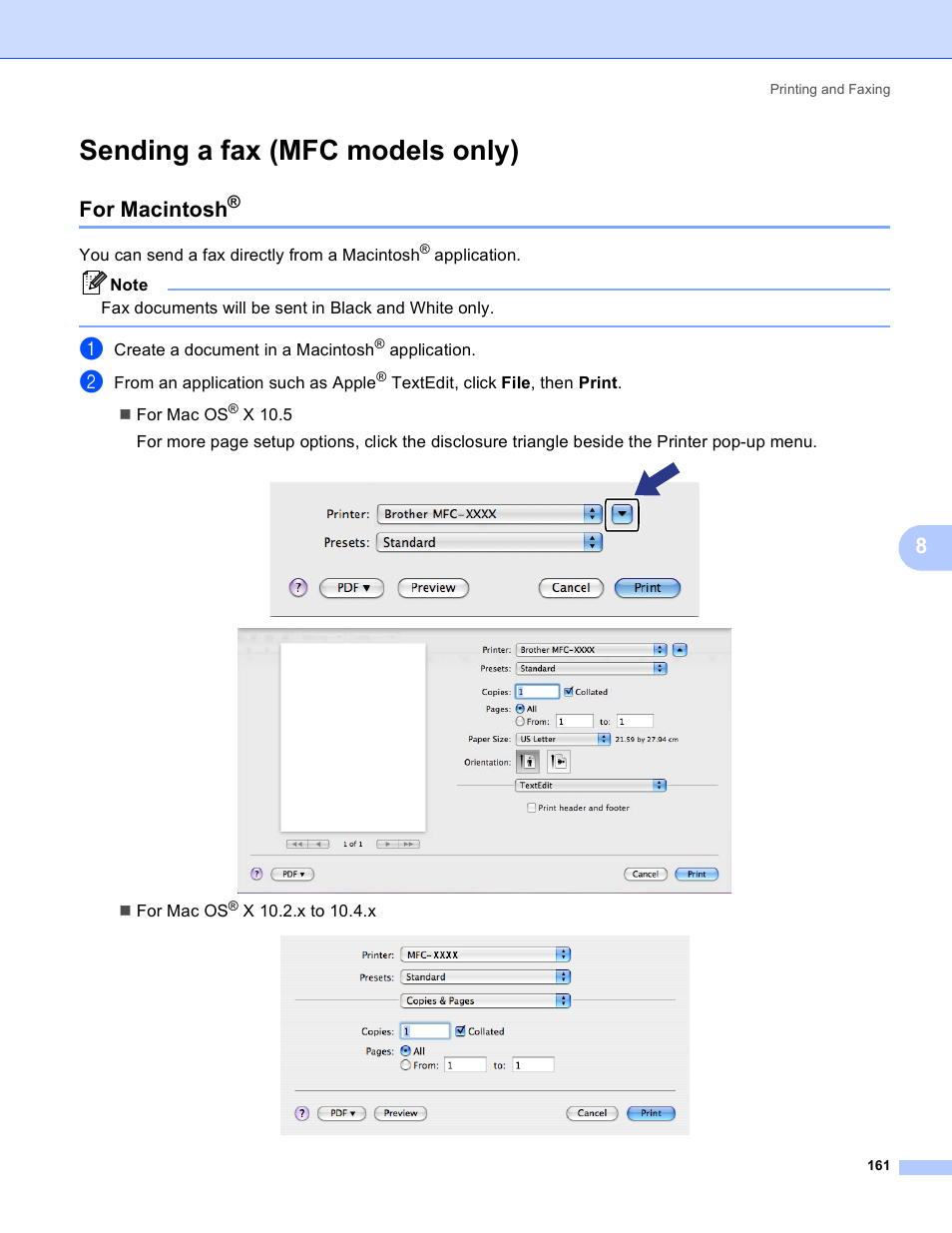 Sending a fax (mfc models only), For macintosh | Brother DCP 9040CN User Manual | Page 169 / 225