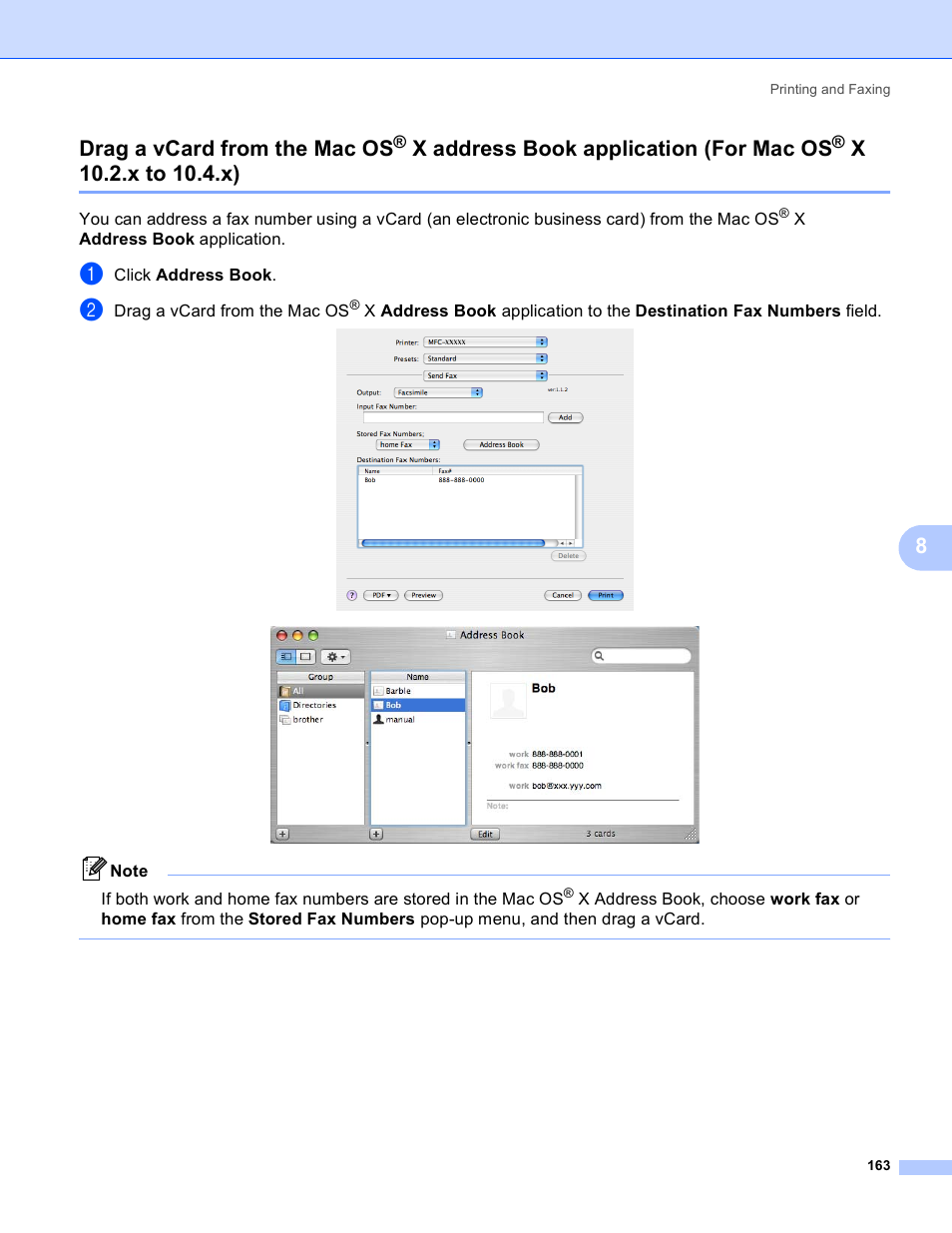 Drag a vcard from the mac os, X address book application, For mac os | X 10.2.x to 10.4.x), 8drag a vcard from the mac os, X address book application (for mac os | Brother DCP 9040CN User Manual | Page 171 / 225