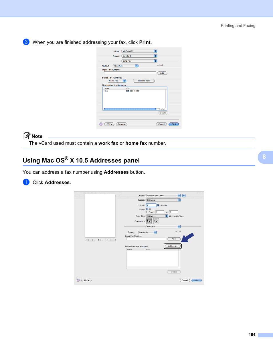 Using mac os® x 10.5 addresses panel, Using mac os, X 10.5 addresses panel | Brother DCP 9040CN User Manual | Page 172 / 225