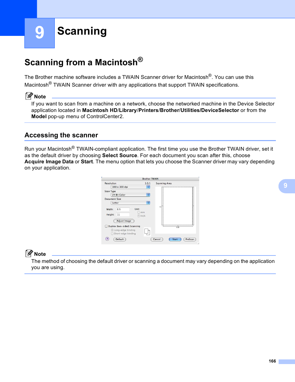 9 scanning, Scanning from a macintosh, Accessing the scanner | Scanning | Brother DCP 9040CN User Manual | Page 174 / 225