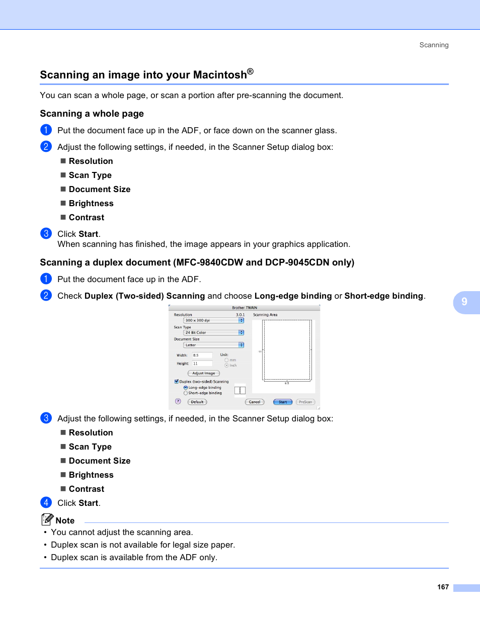 Scanning an image into your macintosh, 9scanning an image into your macintosh | Brother DCP 9040CN User Manual | Page 175 / 225